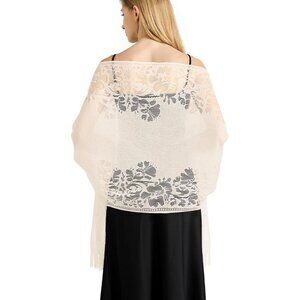 Women Cream Lace Floral Shawls and Wraps Bridal HeadScarf for Evening Dress